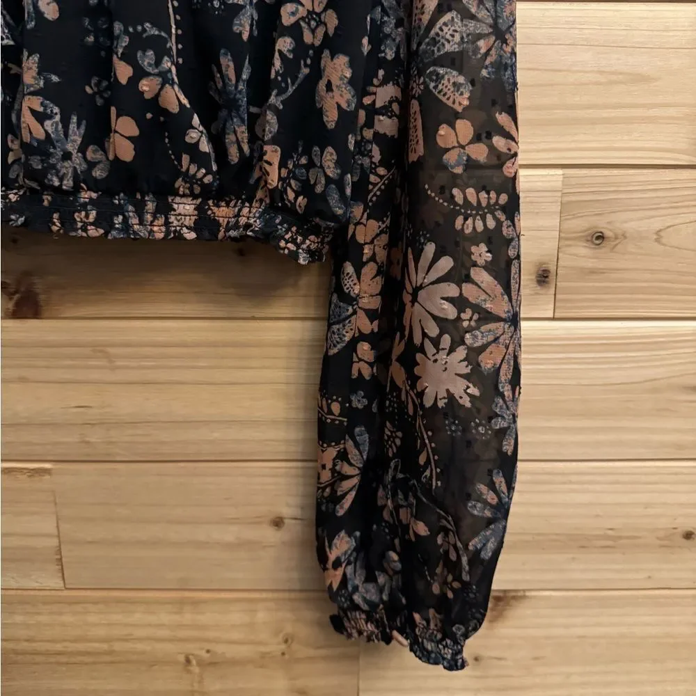 Free People Sz XSmall Clarissa Floral Printed Puff Sleeve Cropped Blouse Revolve
